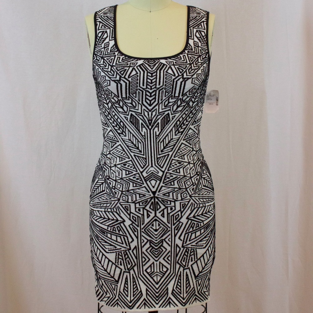 RVN Geometric Black and White Body Con Dress NWT